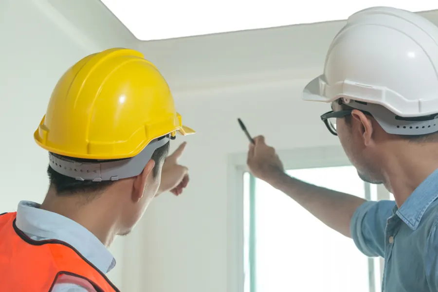 Two professionals inspecting a finished interior before sign-off